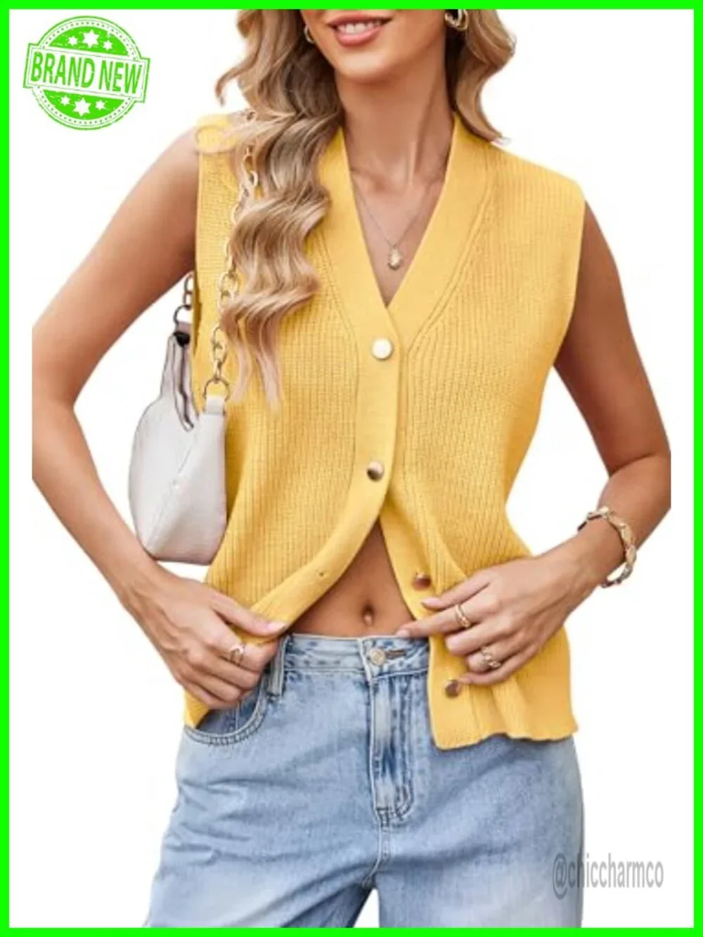 Gold Button V Neck Sleeveless Knit Cardigan Vest Sweater Women